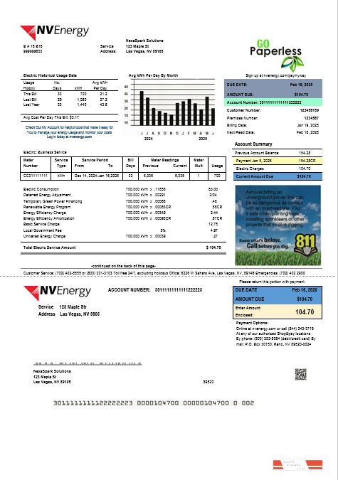 USA Nevada NV Energy business utility bill template in Word and PDF formats